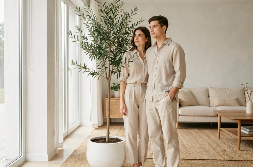 Couple plantant un olivier en pot dans un salon intérieur scandinave lumineux avec fenêtres panoramiques