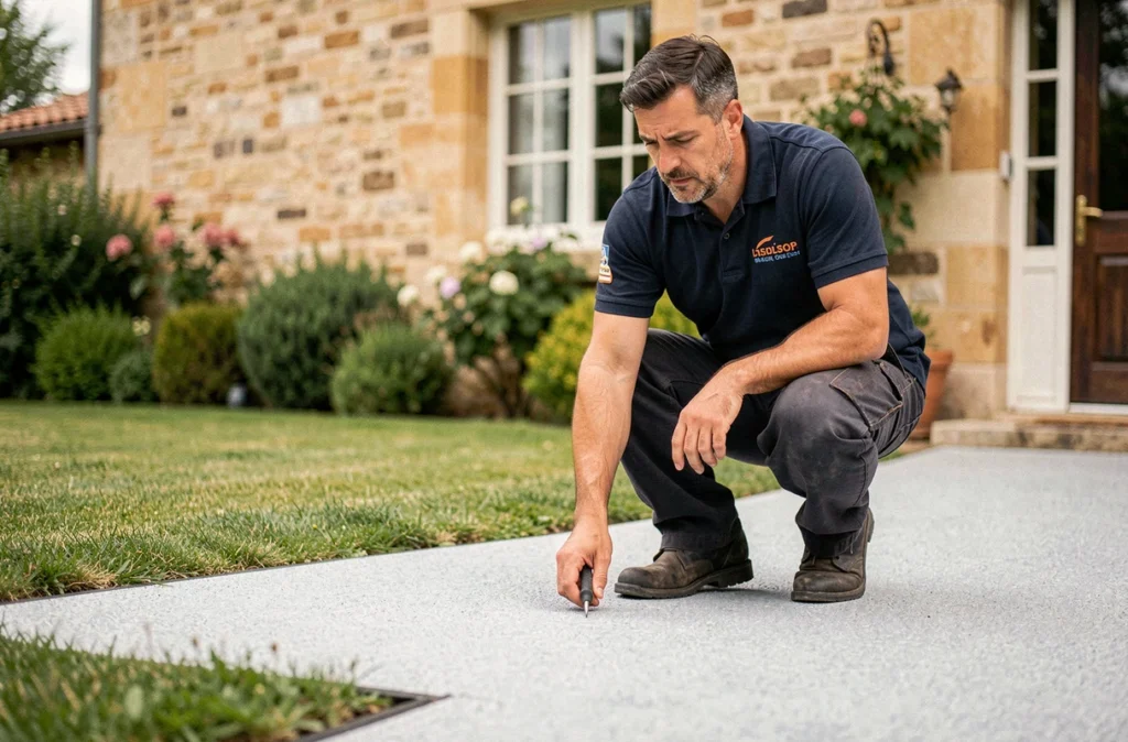 Technicien Daniel Moquet inspectant la pose d'un revêtement de allée en résine devant une maison française