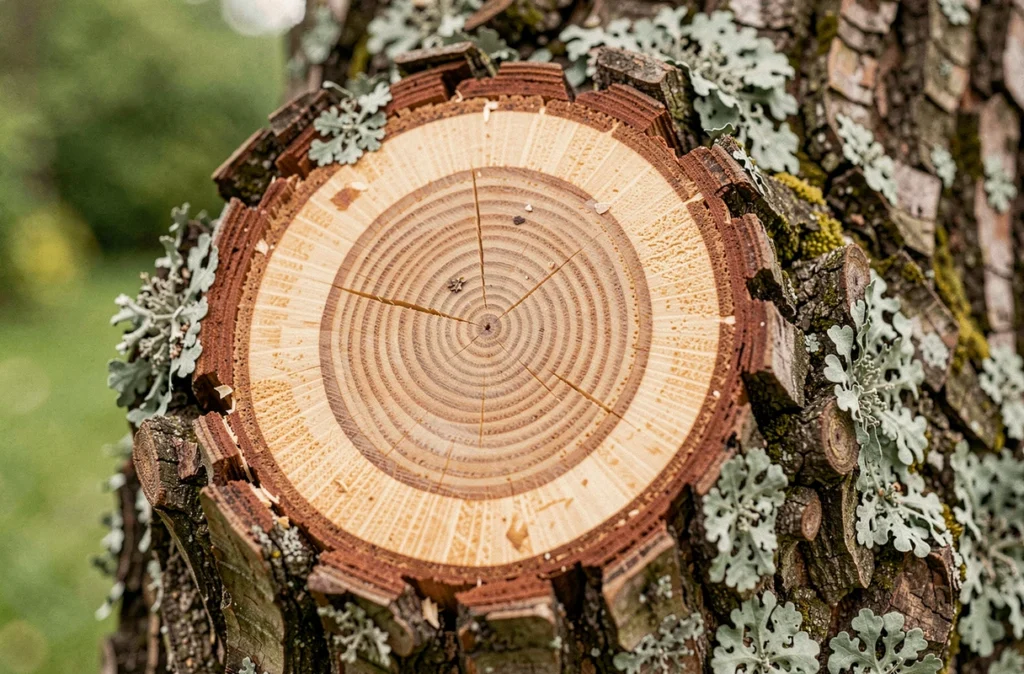 Détail en gros plan d'une coupe fraîche sur un tronc de chêne révélant le grain du bois et l'écorce ridée avec lichen