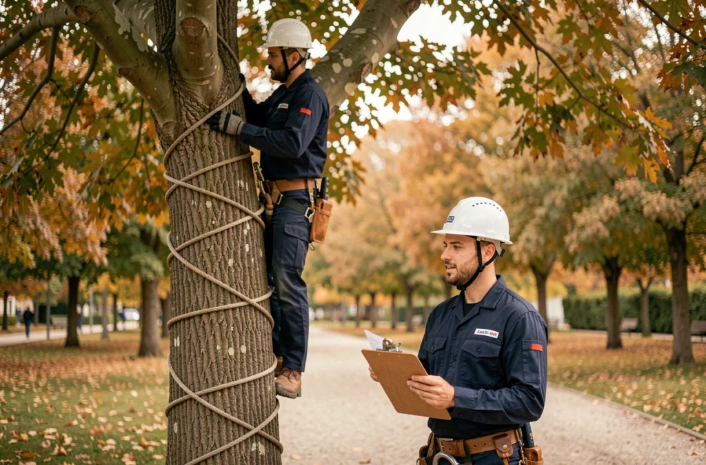 Deux élagueurs discutant d'un devis au pied d'un platane en parc urbain, avec système de corde zig zag visible sur le tronc