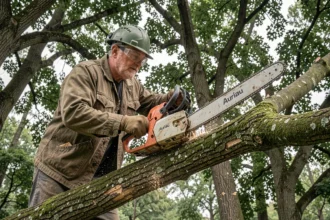 Élagueur professionnel utilisant une tronçonneuse Auriau sur une grosse branche de chêne en milieu urbain