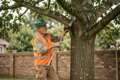 Élagueur professionnel utilisant une scie perche pour tailler les branches hautes d'un chêne en jardin résidentiel, illustrant le système zig zag en élagage