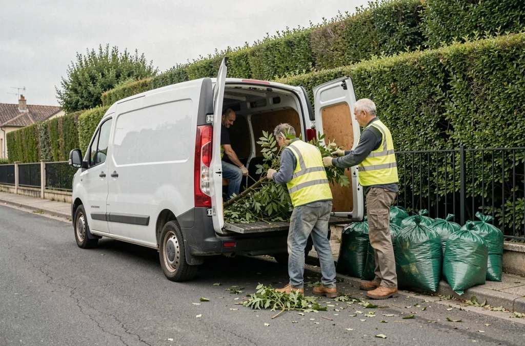 Deux paysagistes chargeant des sacs de déchets de taille de haie dans un camion de jardinerie professionnel devant une maison