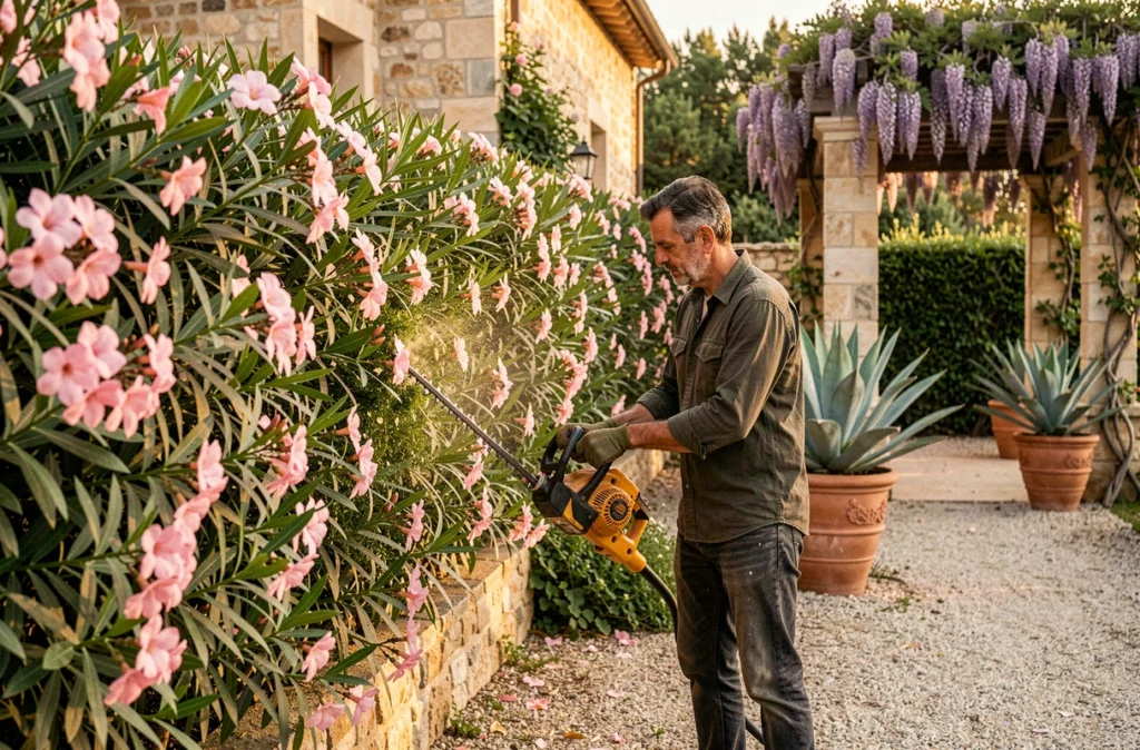 Jardinier de Fabrice Jardin entretenant une haie d'oléandres le long d'un mur en pierre dans un jardin de villa provençale dans le Var
