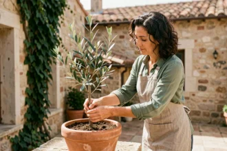 Femme plantant un jeune olivier dans un pot en terre cuite sur une terrasse en pierre de style méditerranéen