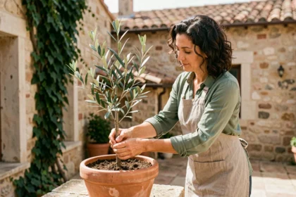 Femme plantant un jeune olivier dans un pot en terre cuite sur une terrasse en pierre de style méditerranéen