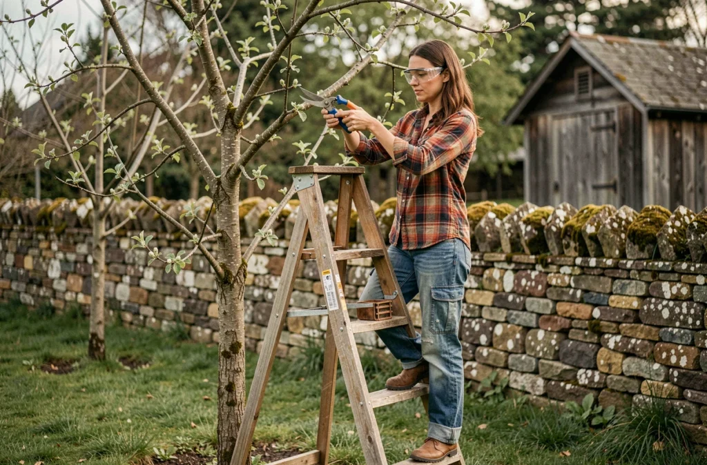 Femme sur un escabeau utilisant un sécateur pour tailler un jeune pommier dans un verger de jardin rural