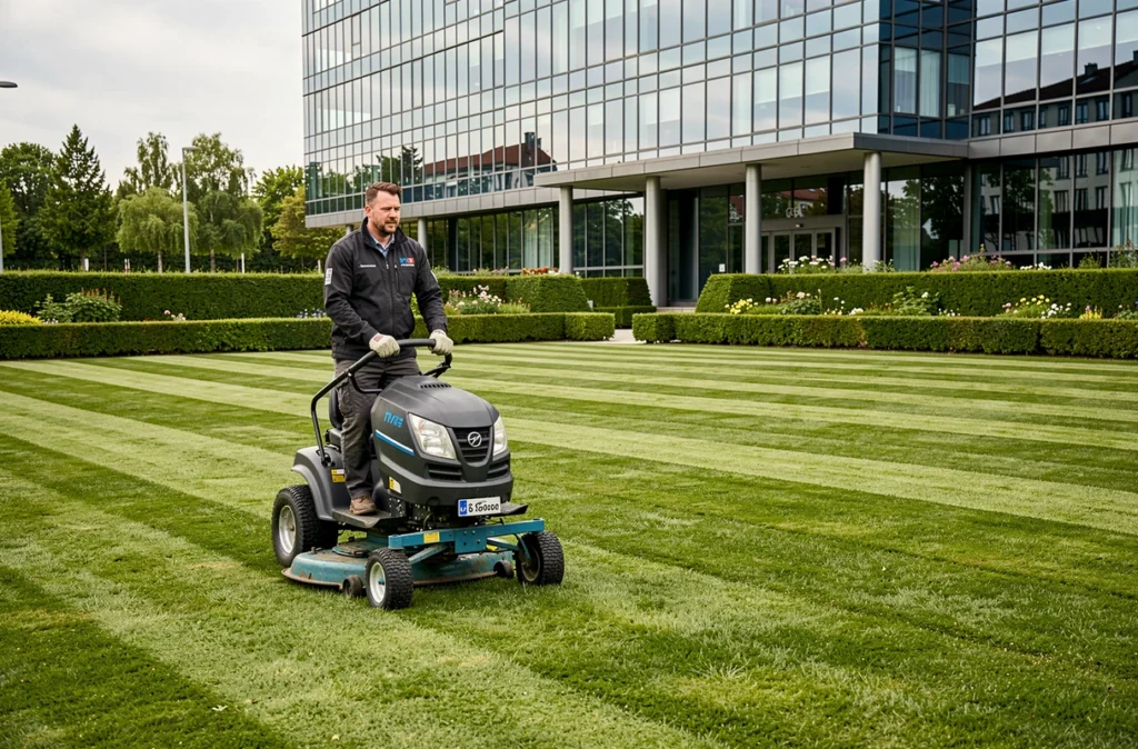Agent Greenteam entretenant les espaces verts d'une entreprise avec une tondeuse professionnelle près de Lyon