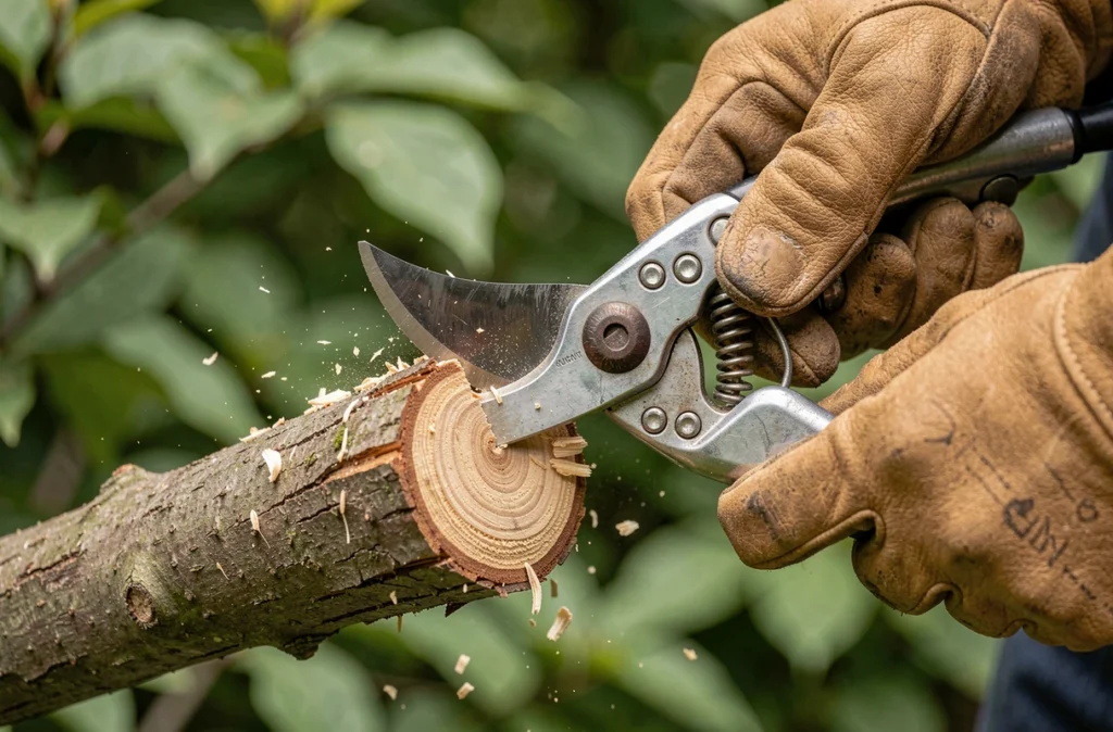 Gros plan sur des mains gantées tenant un sécateur professionnel pour réaliser une coupe nette sur une branche d'arbre à 45 degrés