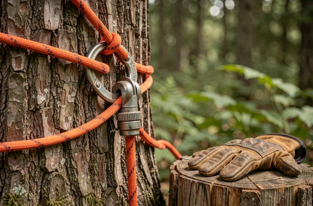 Gros plan sur un système de poulie zig zag avec cordes et mousqueton fixés sur un tronc d'arbre, matériel d'élagage professionnel en forêt