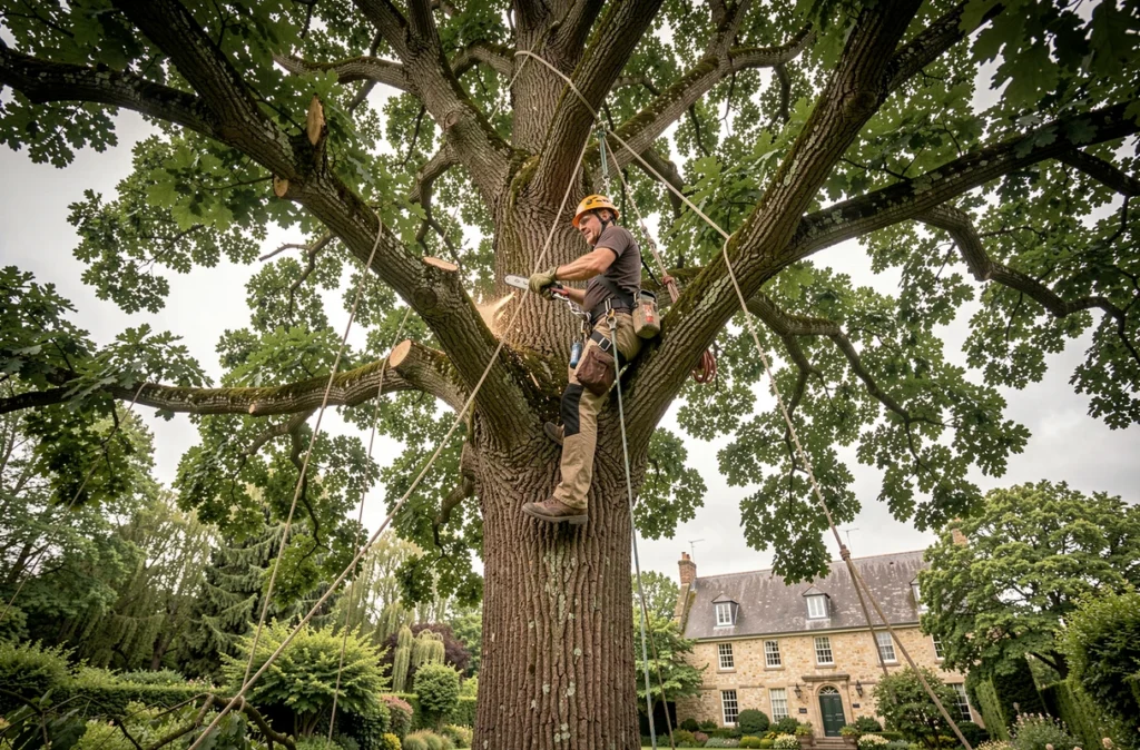 Arboriste du Groupe Serpe réalisant un élagage en hauteur dans un grand chêne d'un jardin français