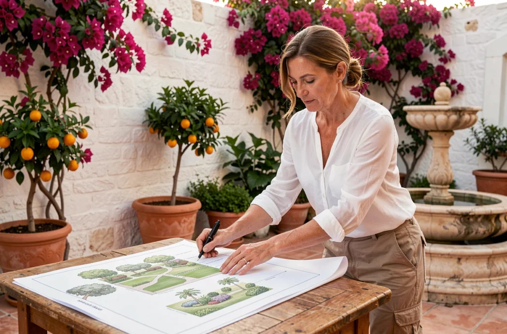 Paysagiste d'Hacienda Paysage consultant des plans de jardin dans une cour provençale fleurie à Sanary-sur-Mer