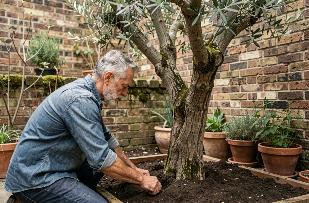 Homme âgé soignant un olivier planté dans un jardin urbain avec mur en briques à Paris
