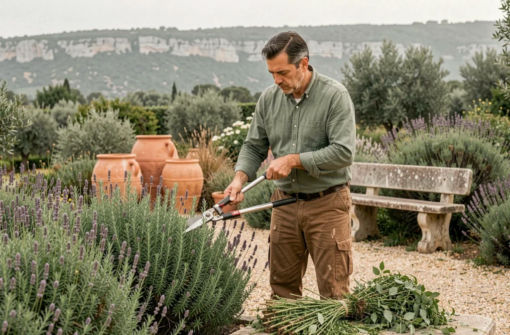 Jardinier de Jardivar entretenant des lavandes et des romarins dans un jardin méditerranéen du Var avec des outils de taille professionnels