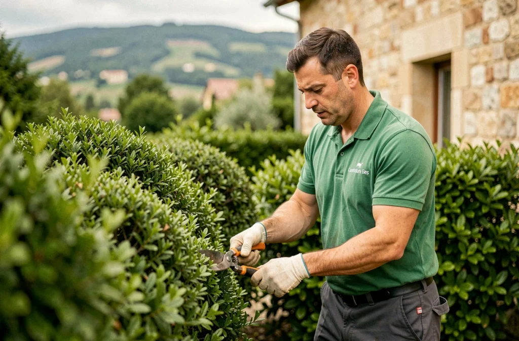 Paysagiste de JBN Evasion taillant des arbustes dans un jardin résidentiel du Rhône