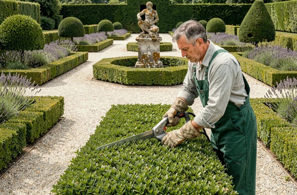 Paysagiste des Jardins de Laurent taillant des haies formelles dans un jardin soigné et structuré dans le Var