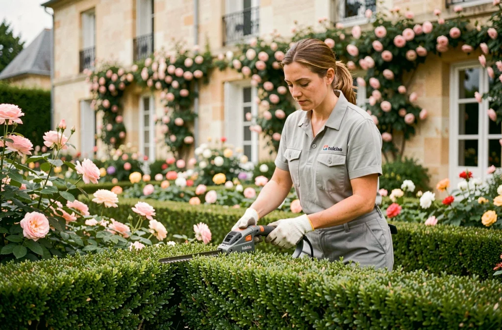 Jardinière Maison et Services taillant une bordure de buis dans le jardin soigné d'une maison résidentielle