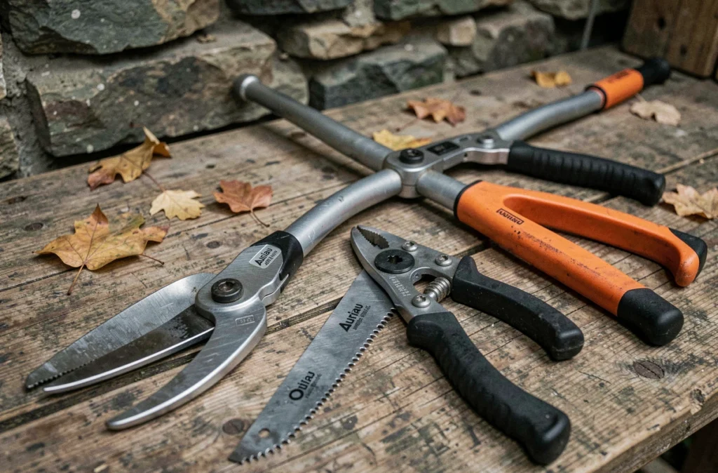 Matériel d'élagage Auriau disposé sur un établi en bois, incluant sécateur sur perche, ébranchoir et scie pliante professionnelle