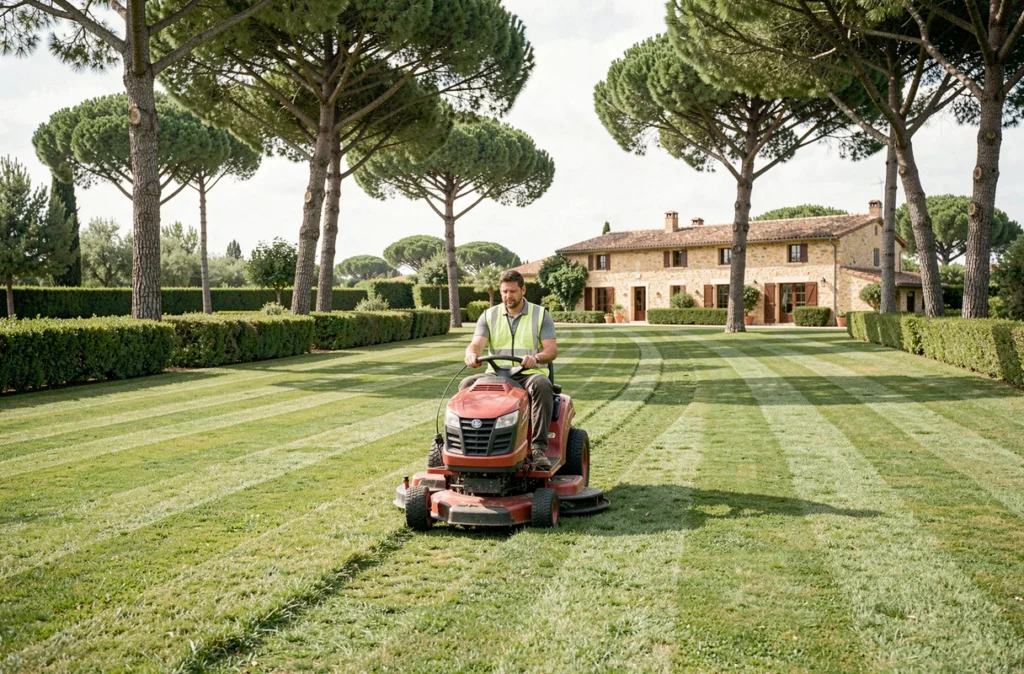 Paysagiste de Mb Jardin SARL tondant une grande pelouse d'un domaine résidentiel dans le Var avec une tondeuse autoportée professionnelle