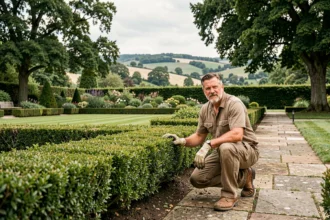 Vue panoramique d'un jardinier professionnel entretenant un grand jardin paysager dans la région du Rhône