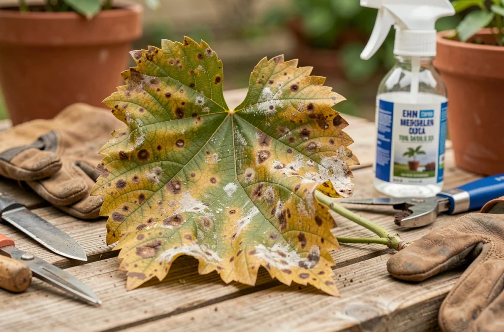 Feuilles de mûrier platane malades présentant des taches brunes et un oïdium, posées sur un établi de jardin avec des outils de traitement