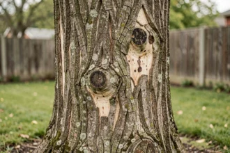 Tronc de mûrier platane atteint d'une maladie avec des chancres sombres et une écorce qui se décolle, photographié dans un jardin