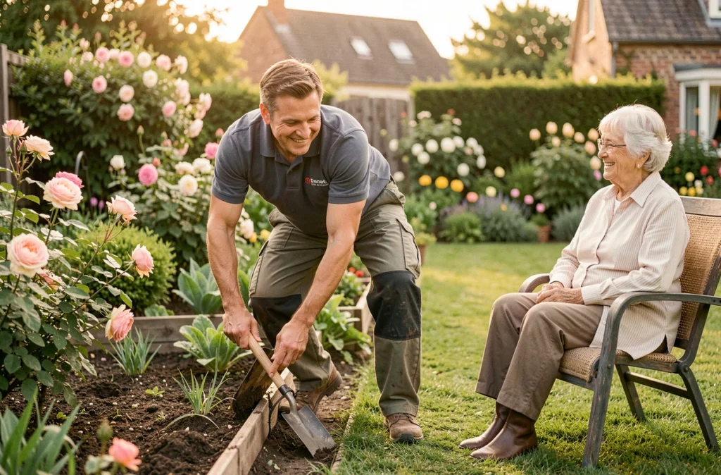 Assistant O2 Care Services effectuant le jardinage à domicile chez une particulière dans le Rhône
