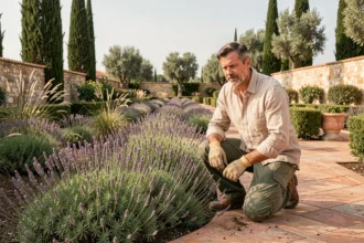 Paysagiste professionnel travaillant dans un jardin méditerranéen typique du Var avec lavande, romarin et allées en pierre calcaire