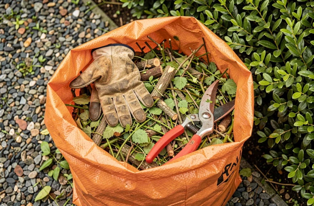 Gros plan sur un sac de déchets verts rempli de branchages issus de la taille d'une haie de laurier, avec des gants de jardinage posés dessus