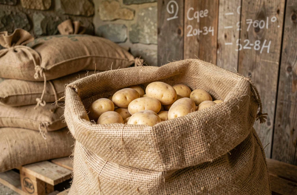 Sacs de jute remplis de pommes de terre colombia stockés dans une grange en pierre rustique