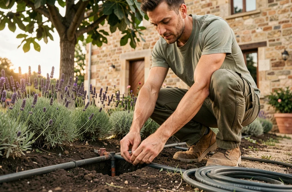 Paysagiste Siauvaud Alex installant un système d'irrigation goutte-à-goutte dans un jardin provençal planté de lavande et d'herbes aromatiques dans le Var