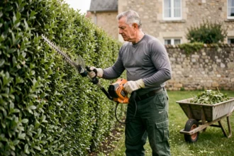 Professionnel en train de tailler une haie de buis avec un taille-haie électrique dans un jardin résidentiel, brouette remplie de déchets verts à proximité