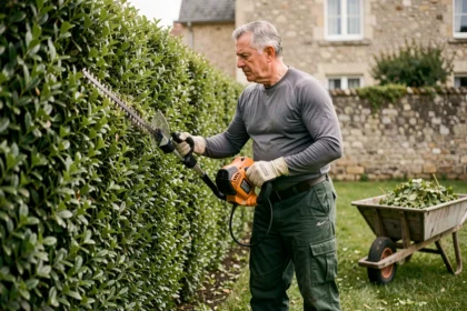 Professionnel en train de tailler une haie de buis avec un taille-haie électrique dans un jardin résidentiel, brouette remplie de déchets verts à proximité