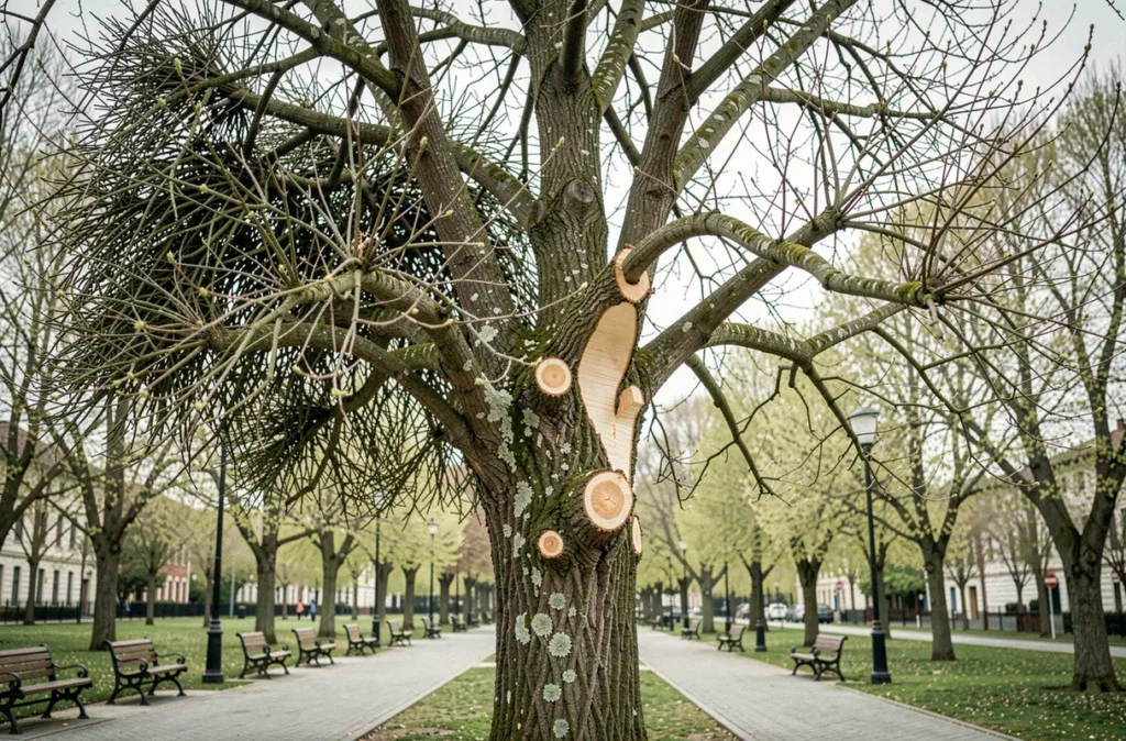 Tilleul urbain montrant un contraste visuel entre des branches non taillées enchevêtrées et des branches fraîchement élaguées dans un parc en début de printemps