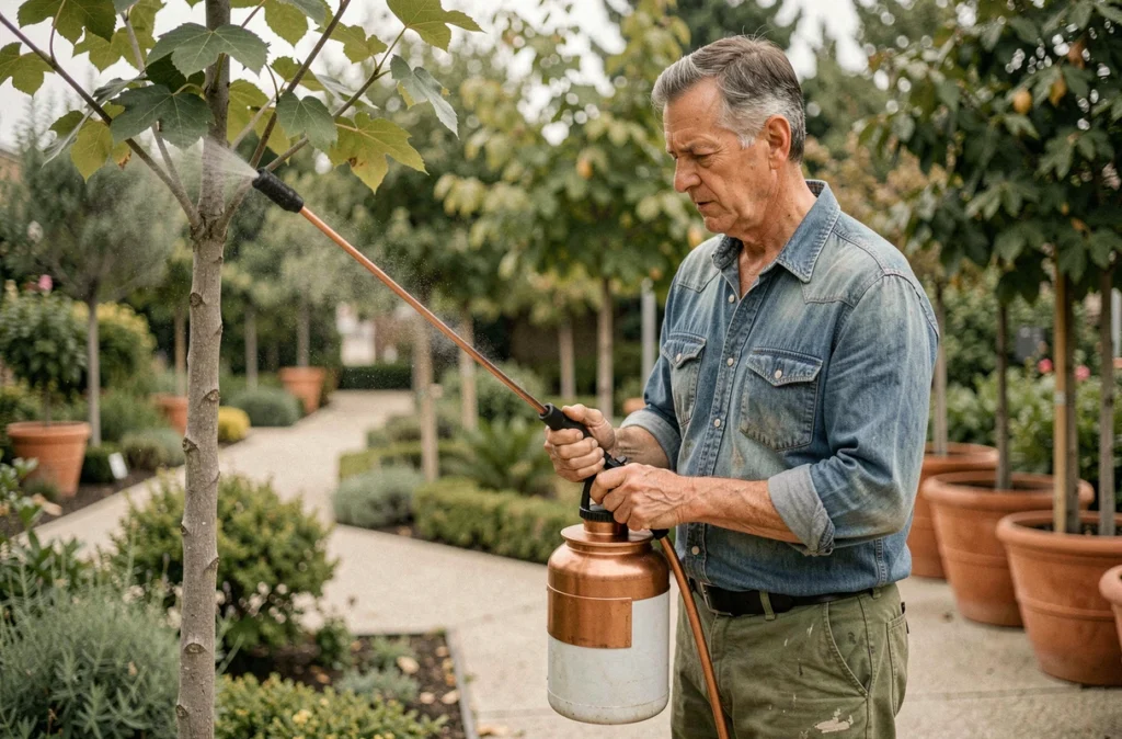 Horticulteur appliquant un traitement fongicide à base de cuivre sur un mûrier platane dans un jardin botanique urbain
