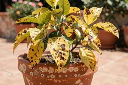 Citronnier en pot avec des tâches marron sur les feuilles posé sur une terrasse méditerranéenne