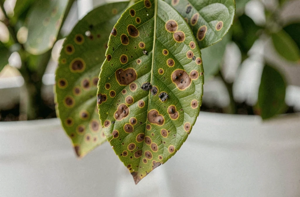 Gros plan sur des feuilles de citronnier avec des tâches marron et des lésions nécrotiques caractéristiques d'une maladie fongique