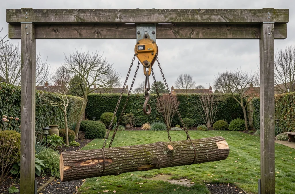 Palan manuel soulevant un tronc sous un portique au jardin