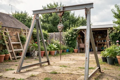 Portique de levage en acier avec palan dans un jardin